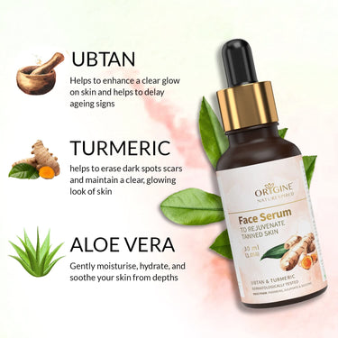 Origine Naturespired Face Serum to Rejuvenate Tanned Skin | Tan Removal Serum with Ubtan & Turmeric | Serum Help Reducing Wrinkles & Fines Lines, Dark Spots Face Serum | SLS & Paraben Free, 30 ml